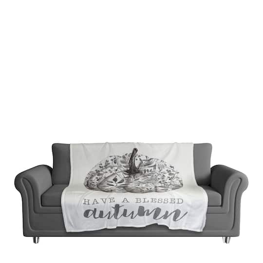White & Gray Blessed Autumn Pumpkin Fleece Blanket